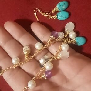 Necklace & earrings marble glass beaded gold tone .16+2 inches long nwt
